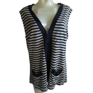 Large Vintage Womens Vest Top 70s Slinky Striped Mod Granny Zip-Up Frock Blue L